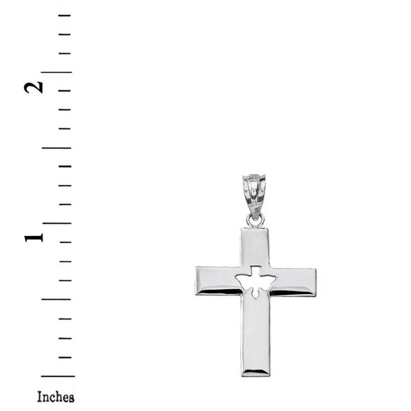 14K Solid Gold Religious Cross Cut-Out Holy Spirit Dove Pendant -